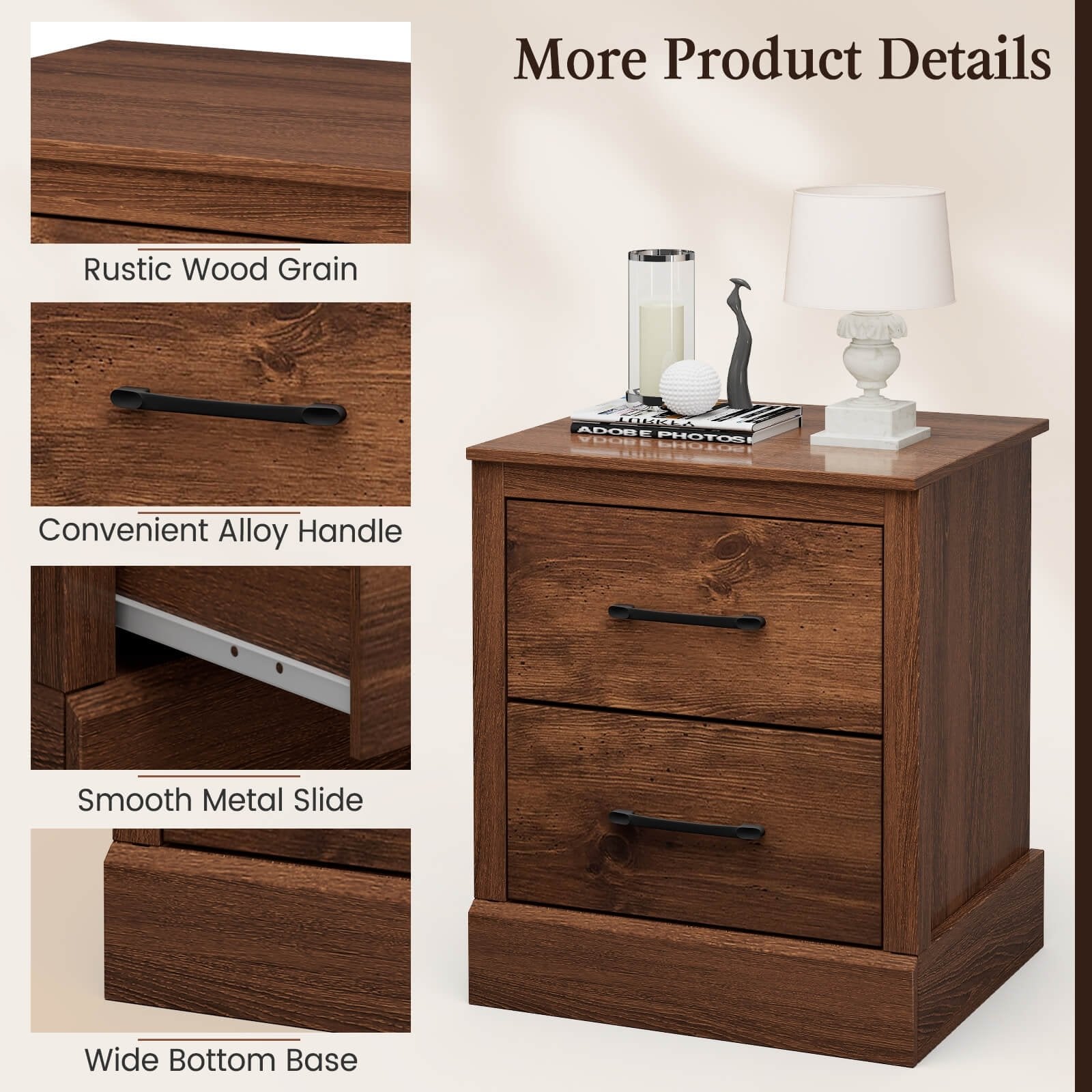 Wood Compact Floor Nightstand with Storage Drawers, Rustic Brown Nightstands   at Gallery Canada