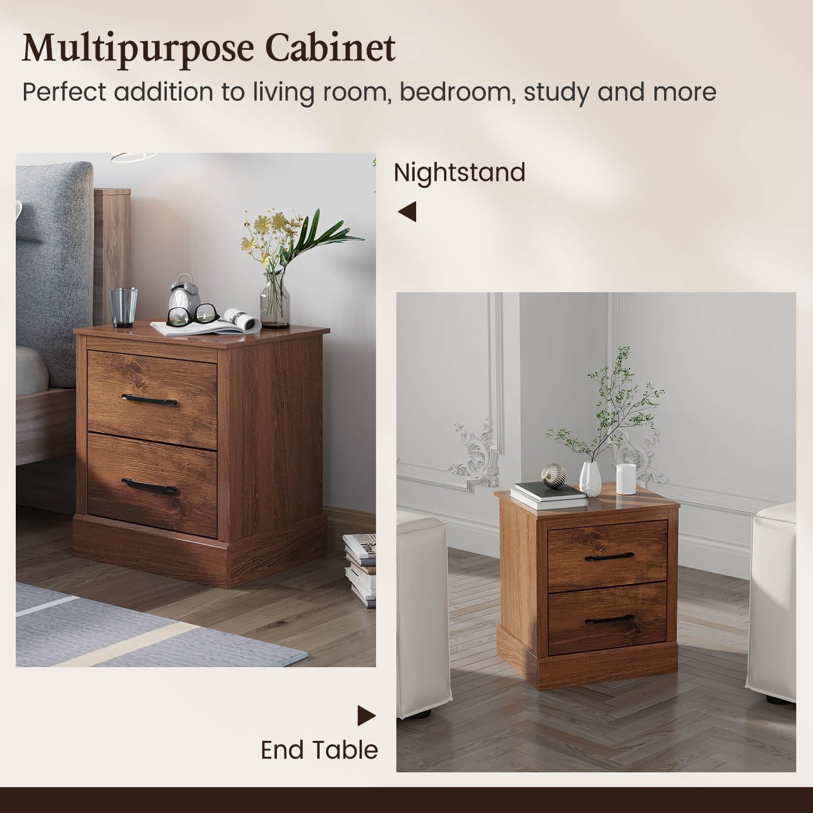 Wood Compact Floor Nightstand with Storage Drawers, Rustic Brown Nightstands   at Gallery Canada