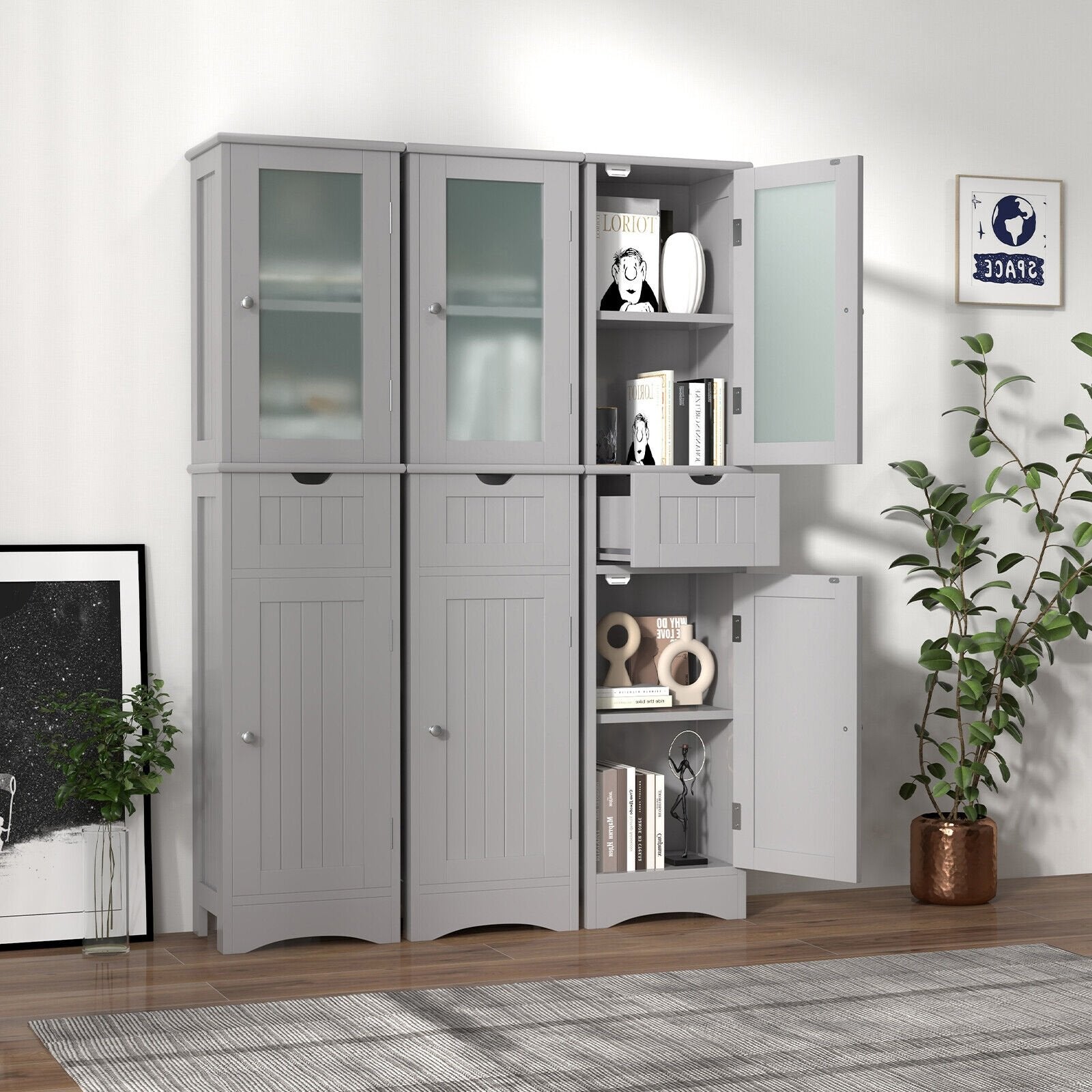 Tall Floor Storage Cabinet with 2 Doors and 1 Drawer for Bathroom, Gray Floor Cabinets   at Gallery Canada