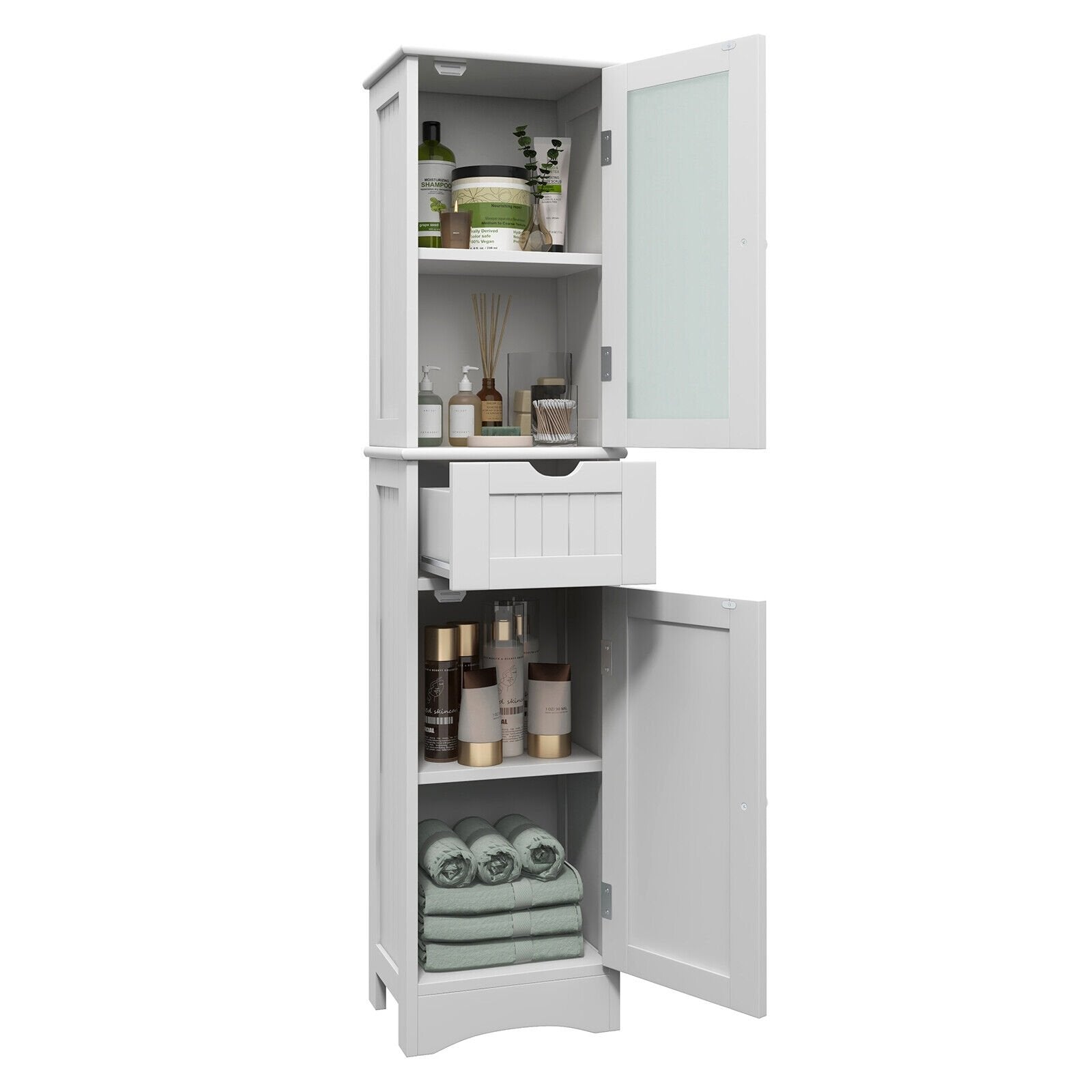 Tall Floor Storage Cabinet with 2 Doors and 1 Drawer for Bathroom, White Floor Cabinets   at Gallery Canada