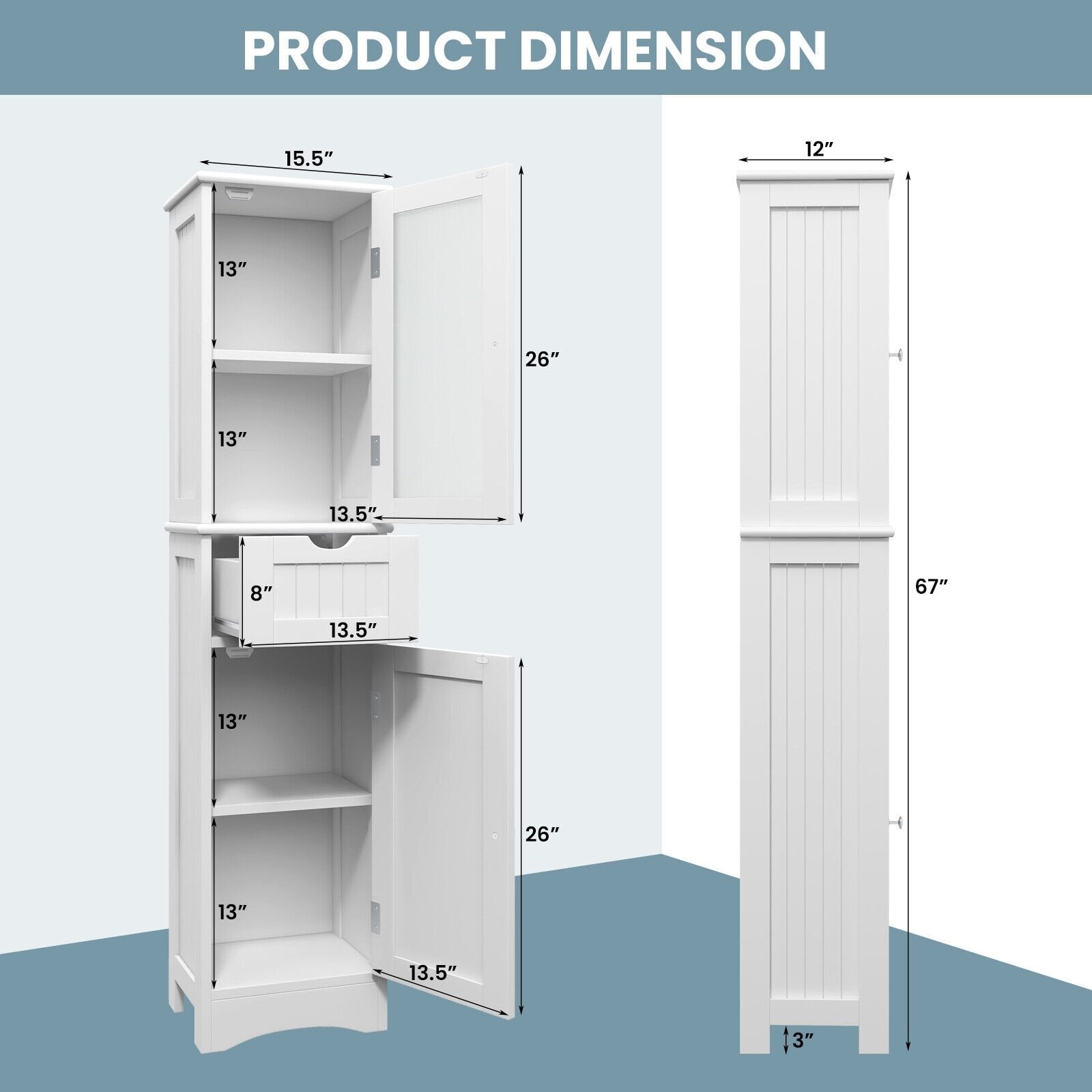 Tall Floor Storage Cabinet with 2 Doors and 1 Drawer for Bathroom, White Floor Cabinets   at Gallery Canada