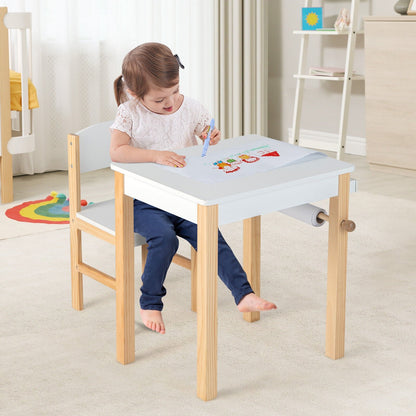 Kids Art Table and Chair Set with Drawer Paper Roll and 2 Markers, White Kids Table & Chair Sets   at Gallery Canada