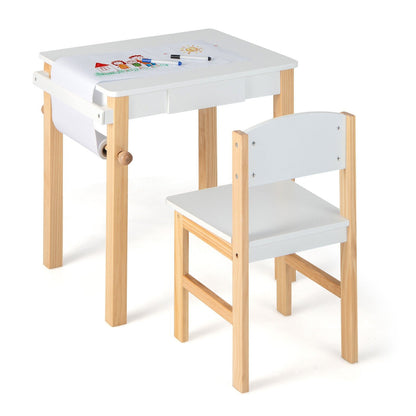 Kids Art Table and Chair Set with Drawer Paper Roll and 2 Markers, White Kids Table & Chair Sets   at Gallery Canada