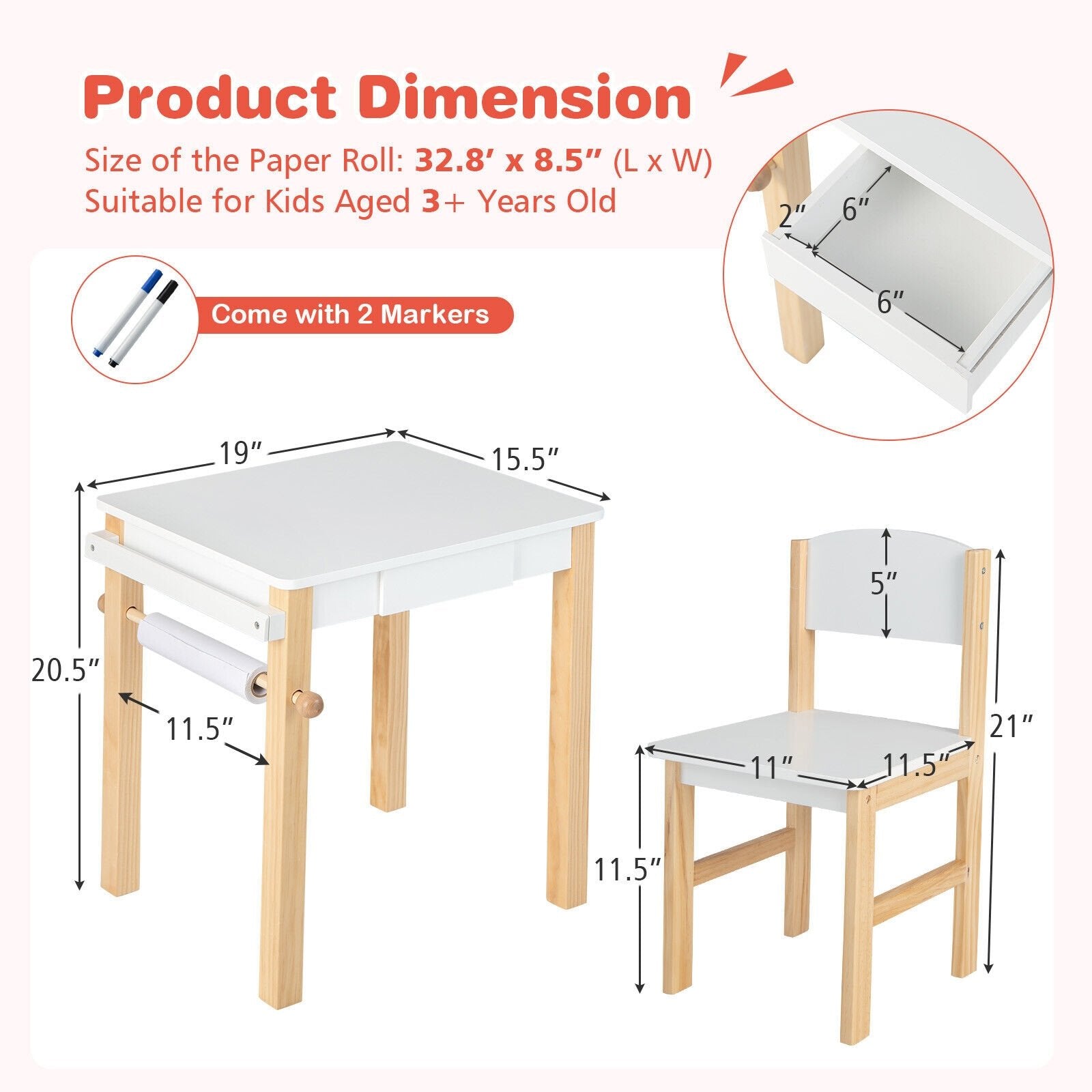 Kids Art Table and Chair Set with Drawer Paper Roll and 2 Markers, White Kids Table & Chair Sets   at Gallery Canada