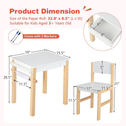 Kids Art Table and Chair Set with Drawer Paper Roll and 2 Markers, White - Gallery Canada