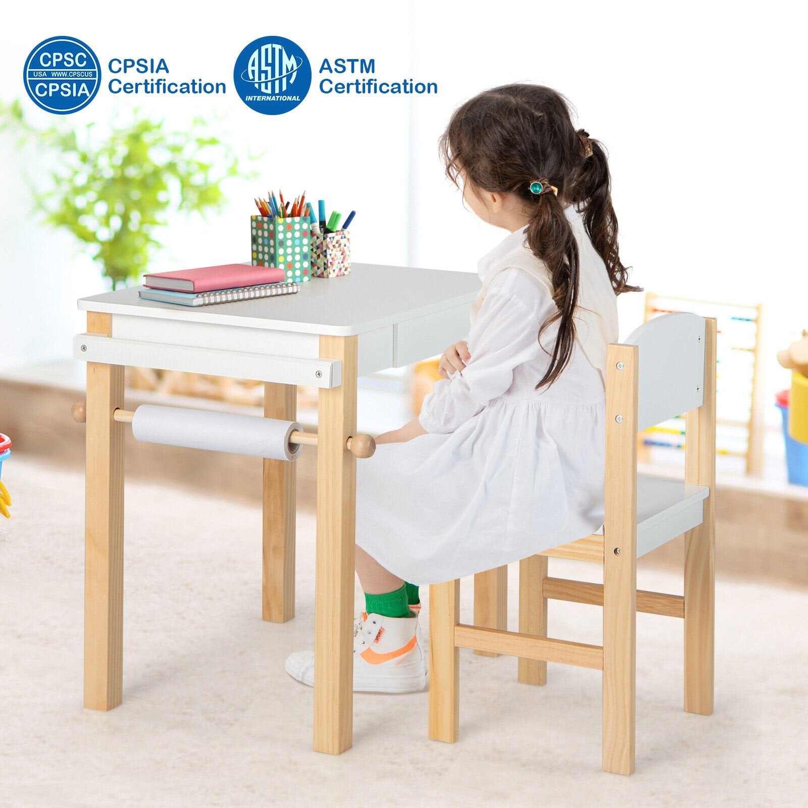 Kids Art Table and Chair Set with Drawer Paper Roll and 2 Markers, White Kids Table & Chair Sets   at Gallery Canada