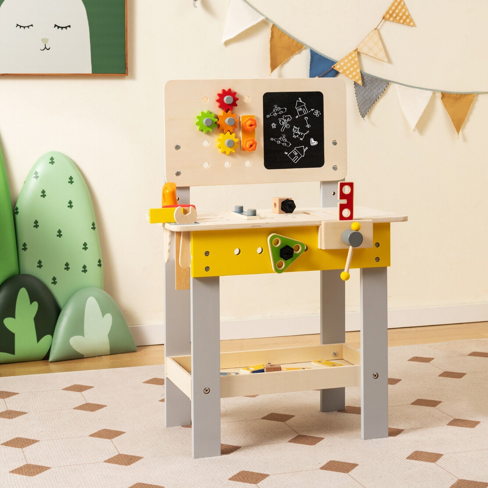 Wooden Pretend Play Workbench Set with Blackboard for Toddlers Ages 3+, Multicolor Pretend Toys at Gallery Canada