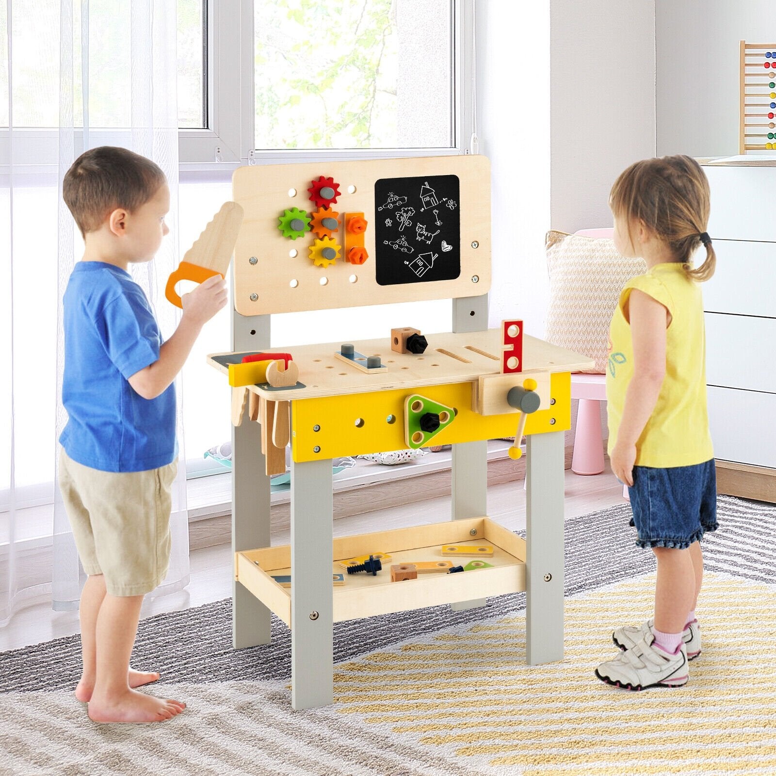 Wooden Pretend Play Workbench Set with Blackboard for Toddlers Ages 3+, Multicolor Pretend Toys   at Gallery Canada