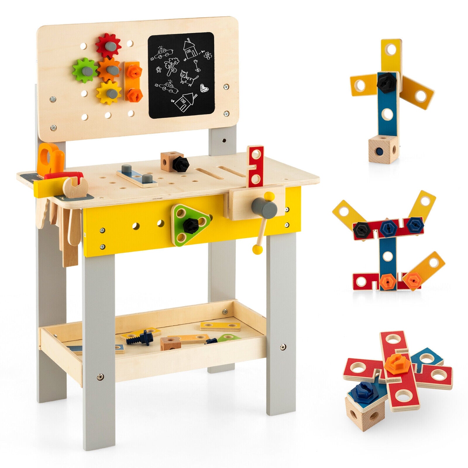 Wooden Pretend Play Workbench Set with Blackboard for Toddlers Ages 3+, Multicolor Pretend Toys at Gallery Canada