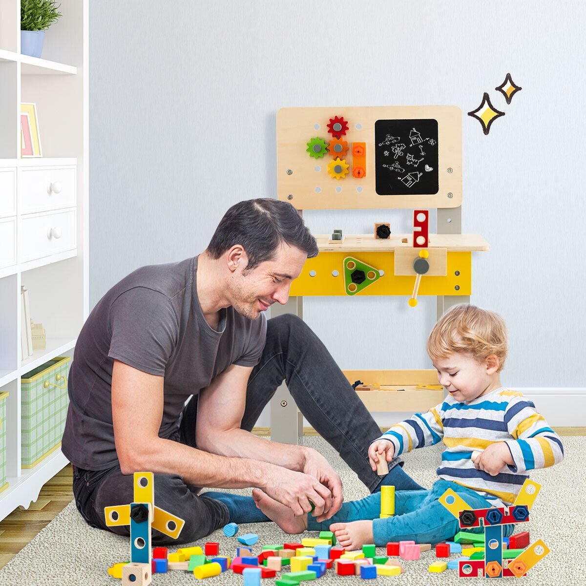 Wooden Pretend Play Workbench Set with Blackboard for Toddlers Ages 3+, Multicolor Pretend Toys   at Gallery Canada