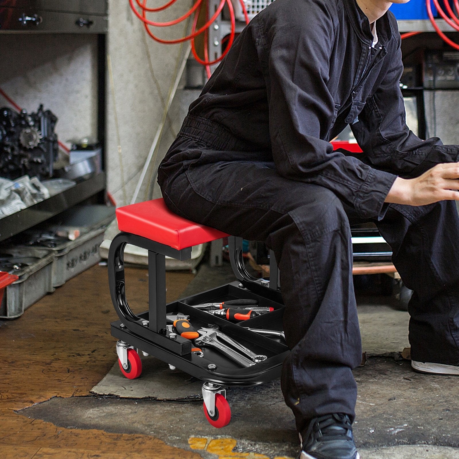 Rolling Creeper with Classified Tool Tray and Cushioned Seat, Black & Red Garages   at Gallery Canada