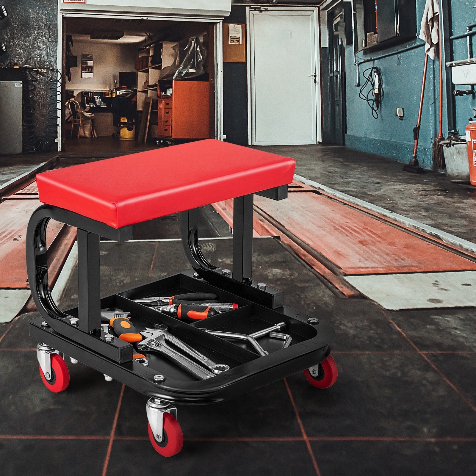 Rolling Creeper with Classified Tool Tray and Cushioned Seat, Black & Red Garages   at Gallery Canada