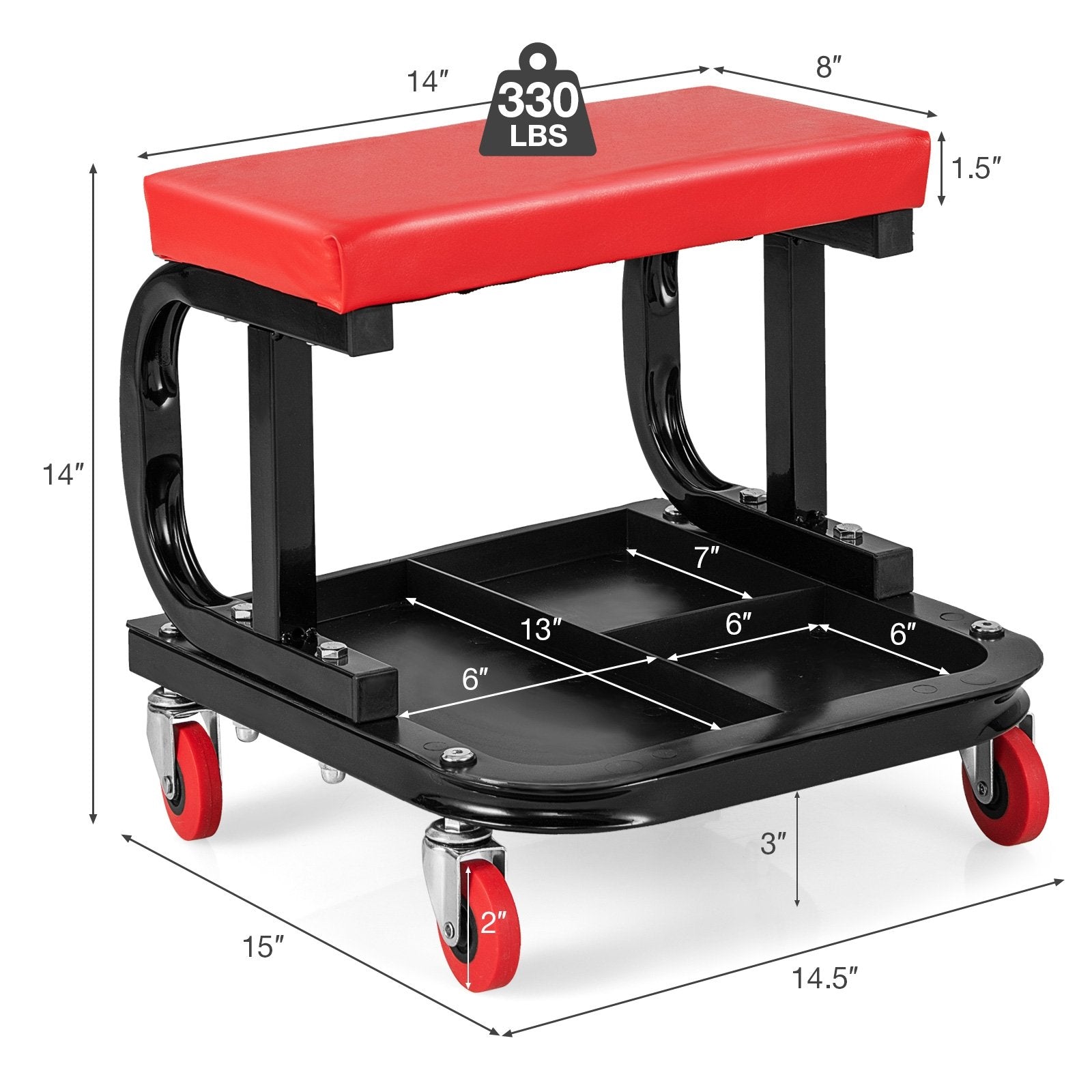 Rolling Creeper with Classified Tool Tray and Cushioned Seat, Black & Red Garages   at Gallery Canada