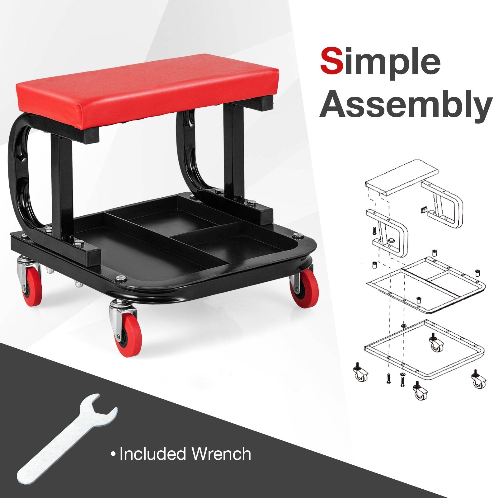 Rolling Creeper with Classified Tool Tray and Cushioned Seat, Black & Red Garages   at Gallery Canada