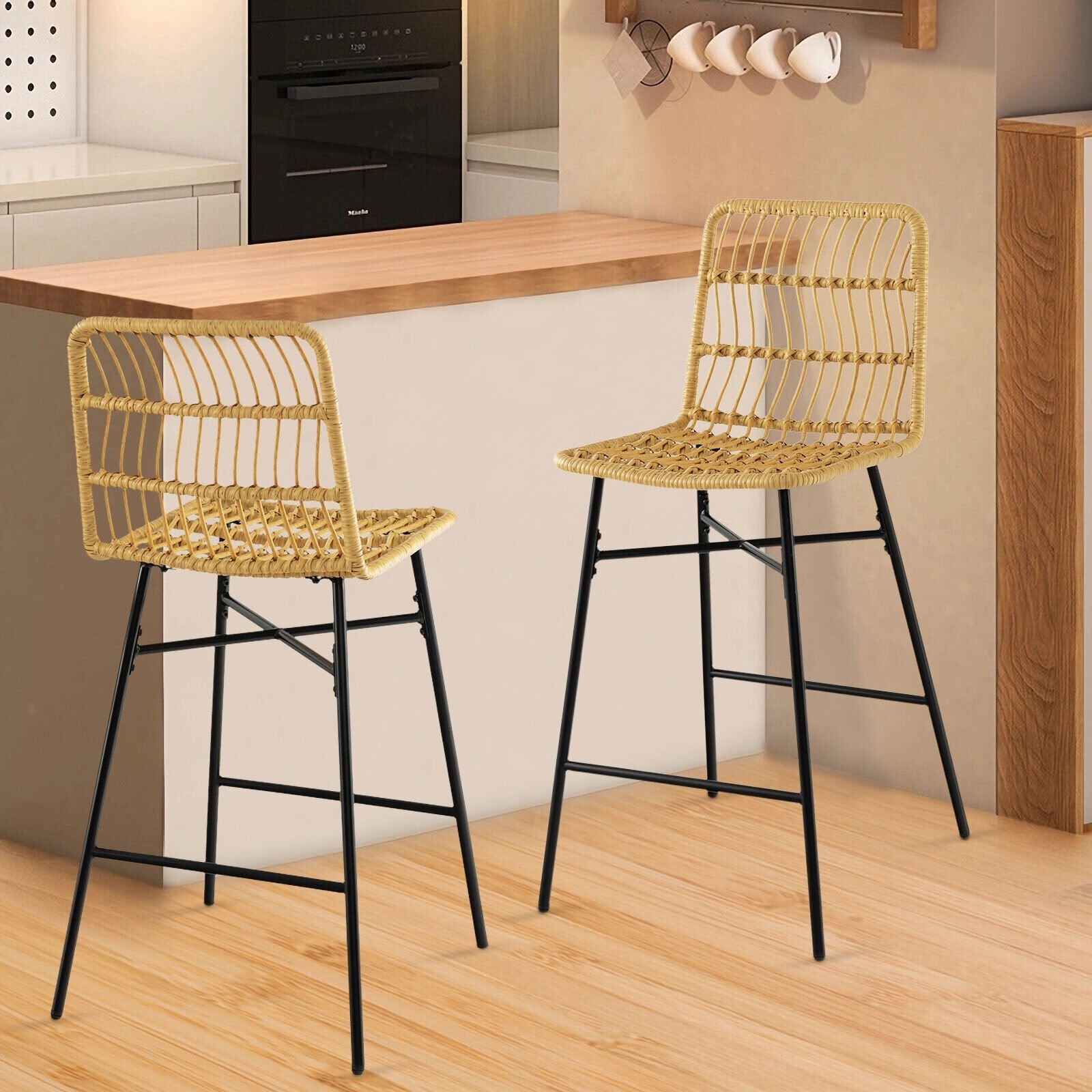 Set of 2 Rattan Bar Stools with Sturdy Metal Frame, Yellow Bar Stools   at Gallery Canada