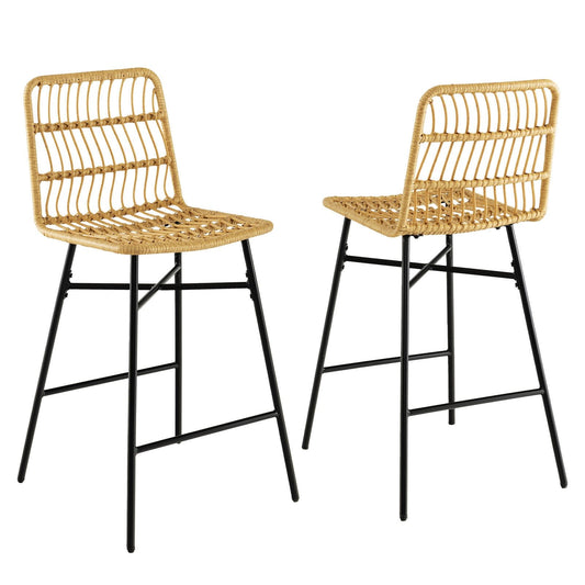 Set of 2 Rattan Bar Stools with Sturdy Metal Frame, Yellow Bar Stools   at Gallery Canada