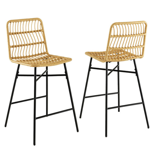 Set of 2 Rattan Bar Stools with Sturdy Metal Frame, Yellow