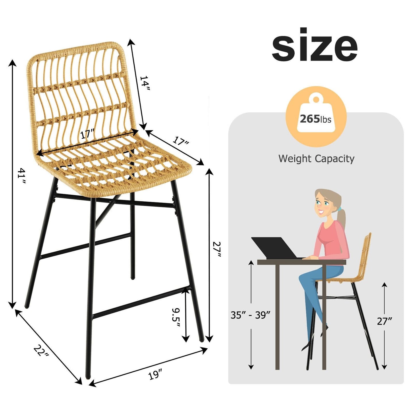 Set of 2 Rattan Bar Stools with Sturdy Metal Frame, Yellow Bar Stools   at Gallery Canada