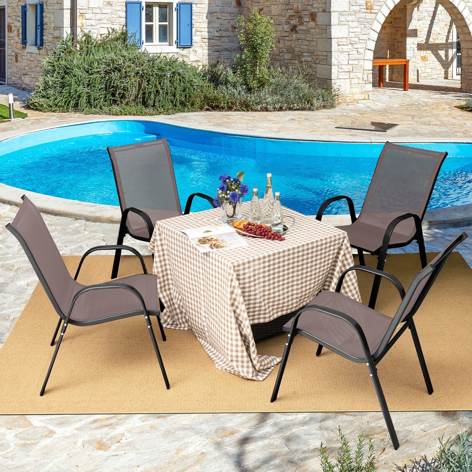 4 Pieces Stackable Patio Dining Chairs Set with Armrest, Brown Patio Dining Chairs   at Gallery Canada