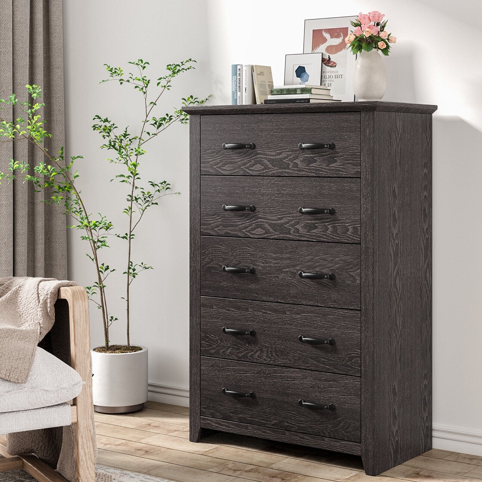 Tall Storage Dresser with 5 Pull-out Drawers for Bedroom Living Room, Gray Dressers & Chests   at Gallery Canada