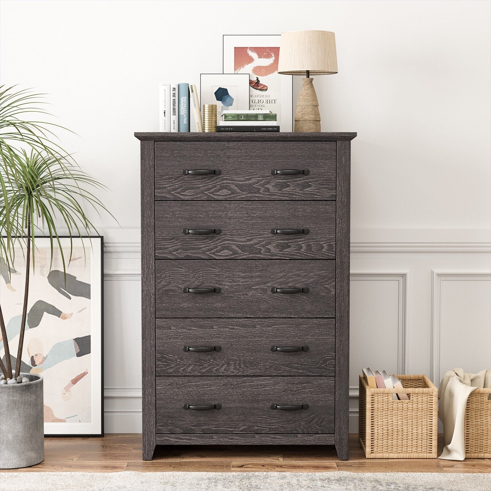 Tall Storage Dresser with 5 Pull-out Drawers for Bedroom Living Room, Gray - Gallery Canada