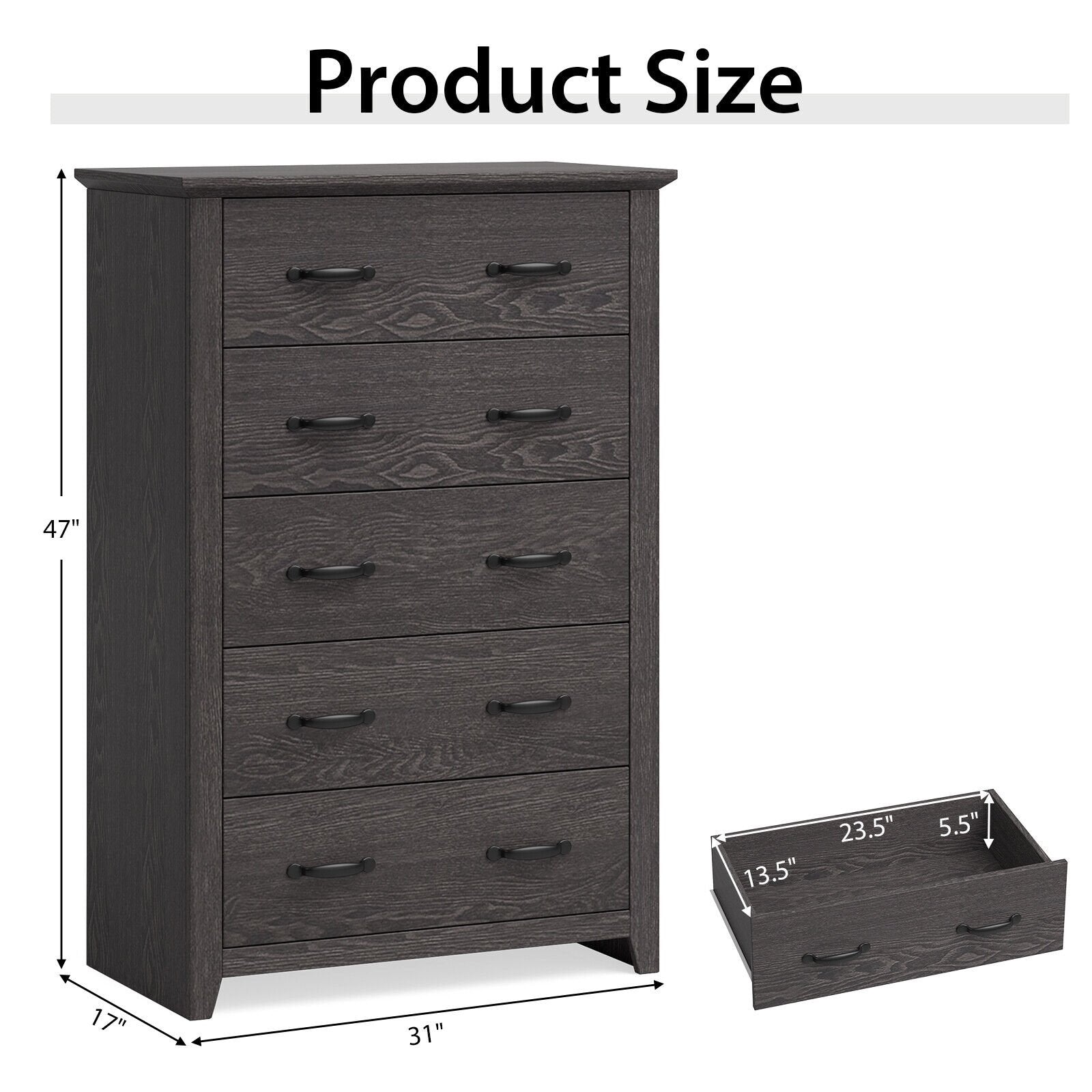 Tall Storage Dresser with 5 Pull-out Drawers for Bedroom Living Room, Gray Dressers & Chests   at Gallery Canada