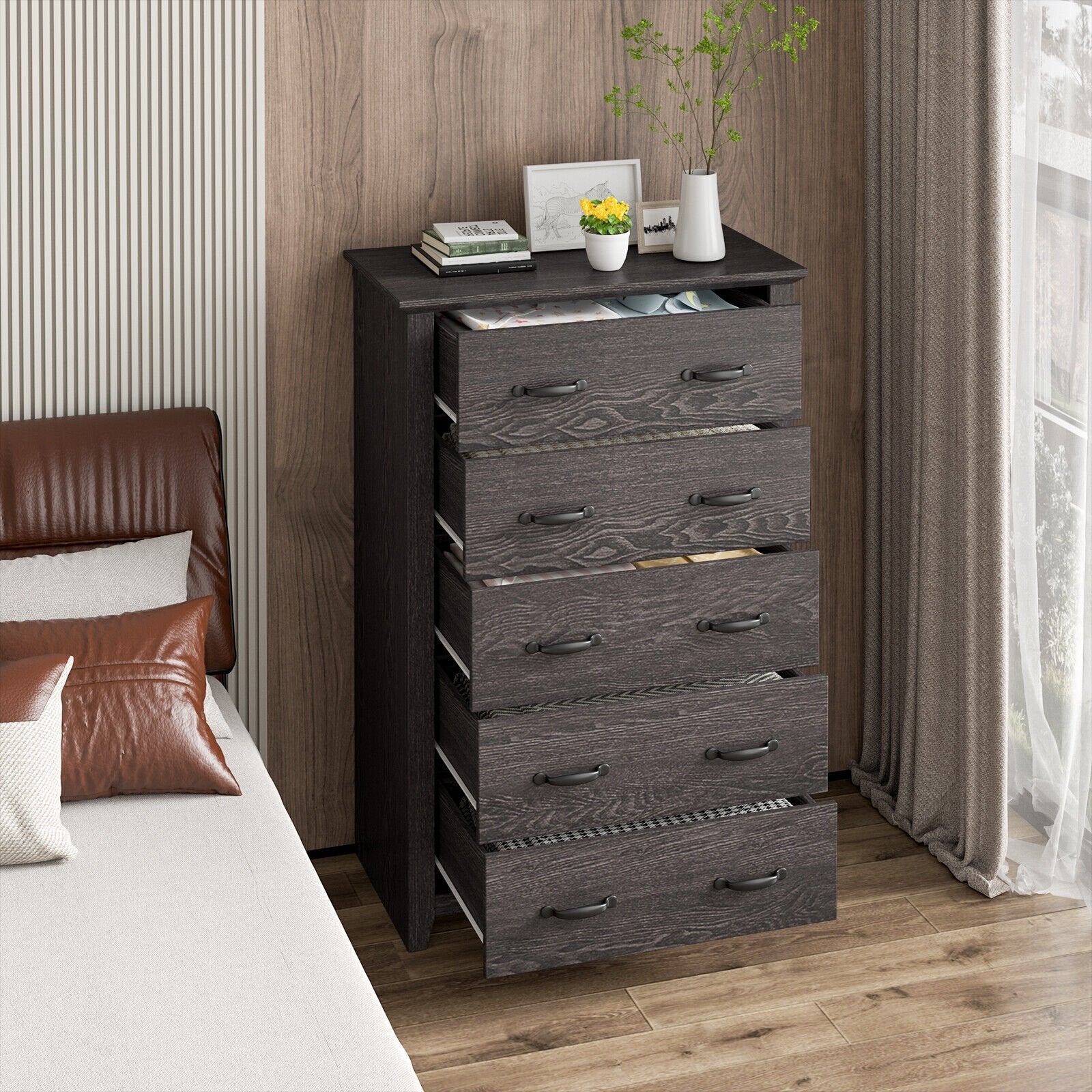 Tall Storage Dresser with 5 Pull-out Drawers for Bedroom Living Room, Gray - Gallery Canada