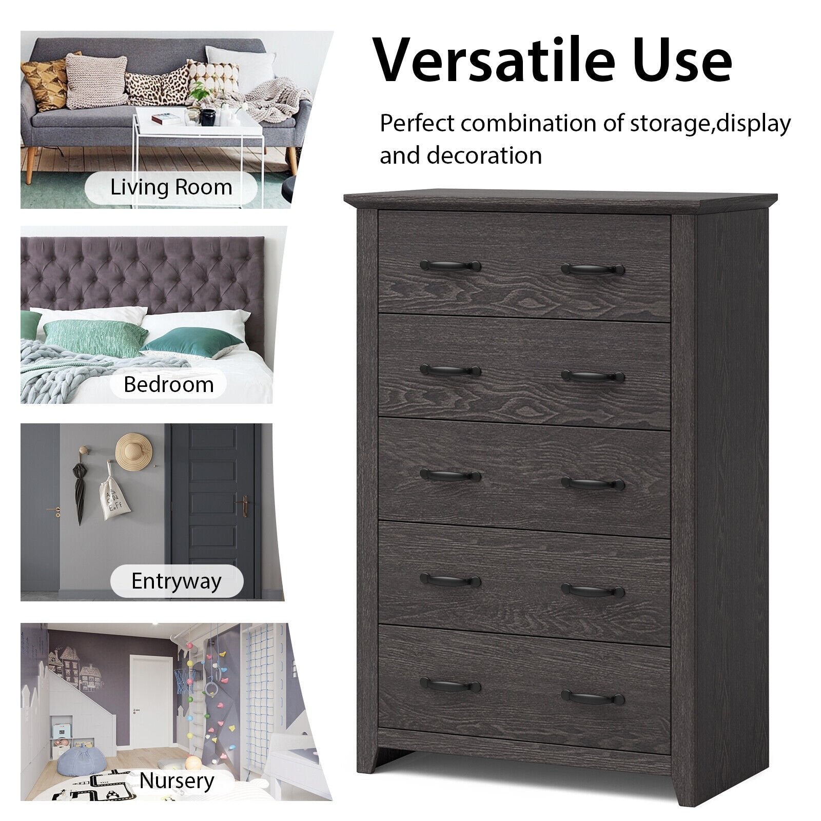 Tall Storage Dresser with 5 Pull-out Drawers for Bedroom Living Room, Gray Dressers & Chests   at Gallery Canada