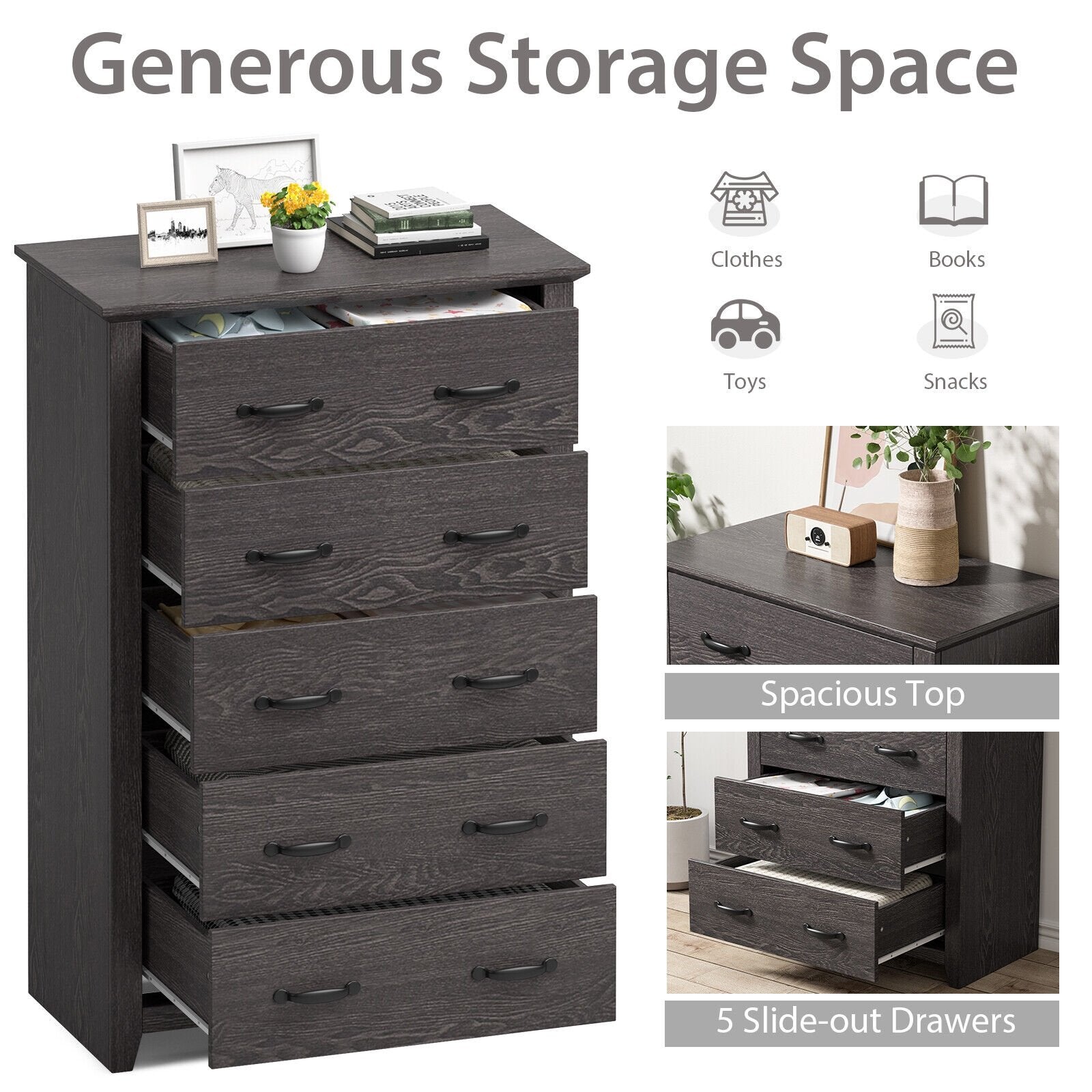 Tall Storage Dresser with 5 Pull-out Drawers for Bedroom Living Room, Gray - Gallery Canada