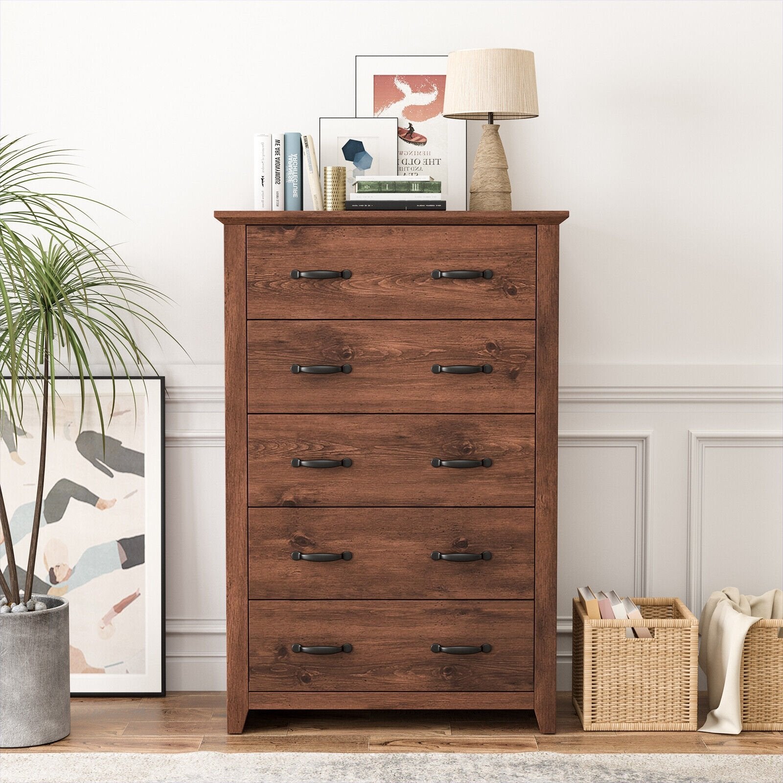 Tall Storage Dresser with 5 Pull-out Drawers for Bedroom Living Room, Walnut - Gallery Canada