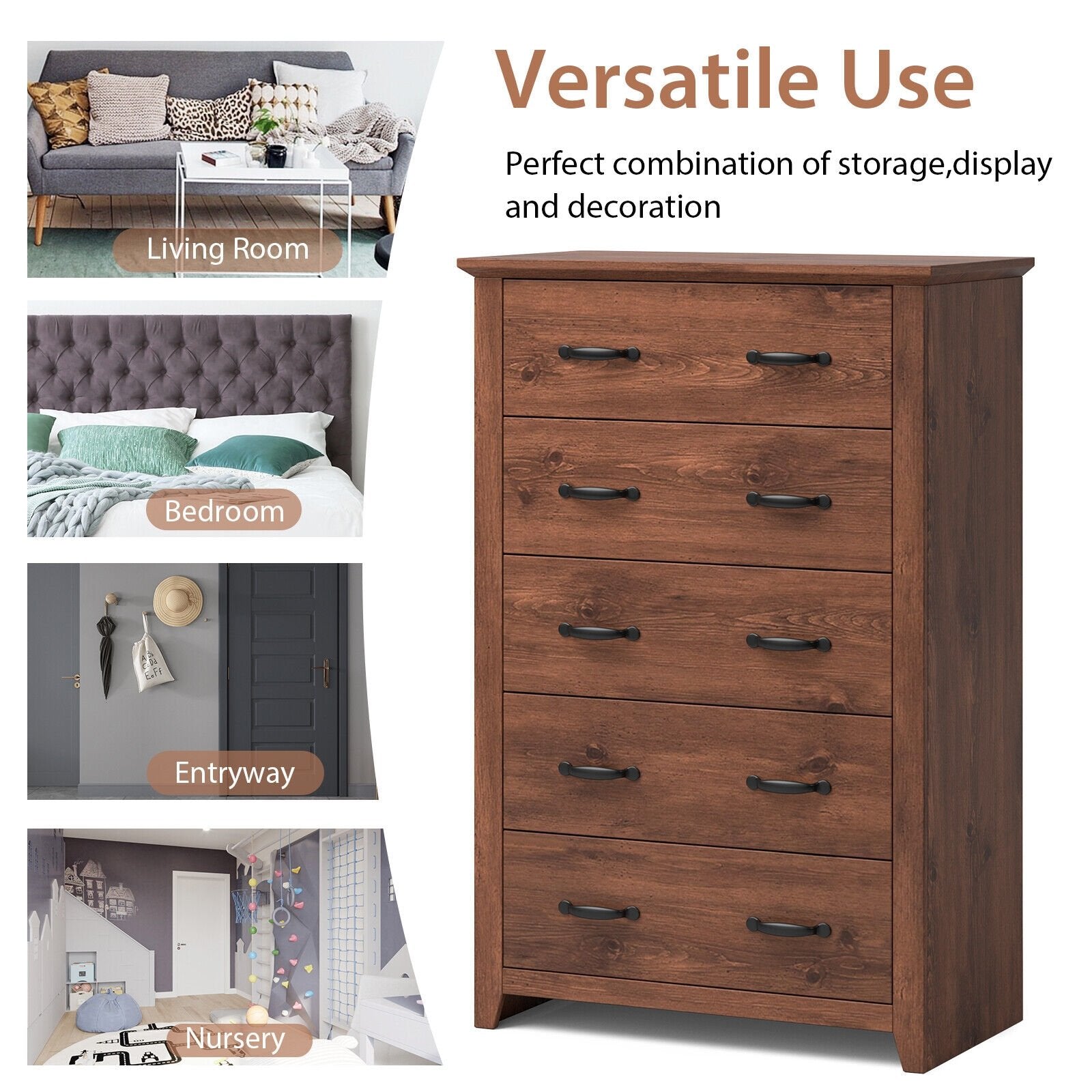 Tall Storage Dresser with 5 Pull-out Drawers for Bedroom Living Room, Walnut - Gallery Canada