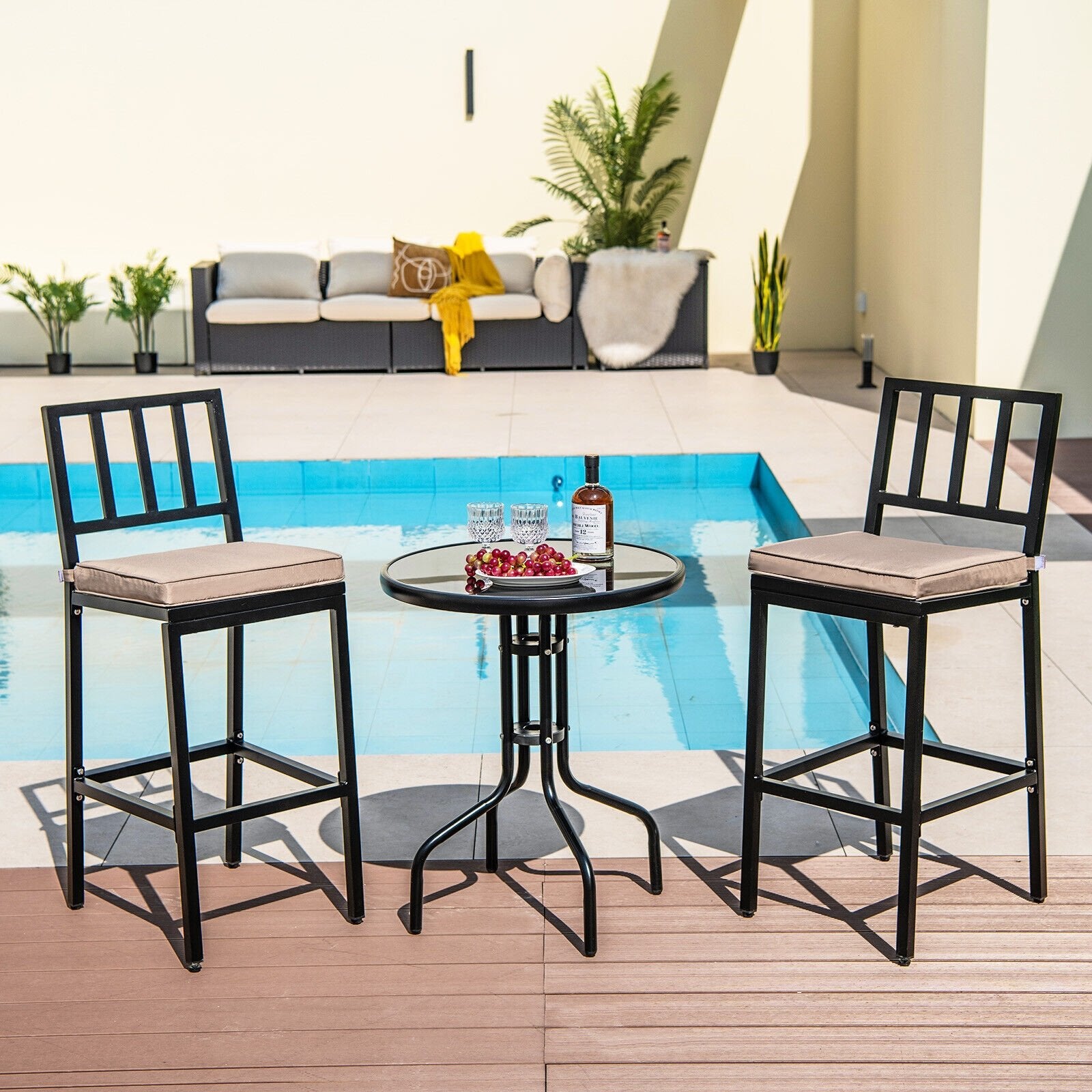 Set of 2 Patio Bar Chairs with Detachable Cushion and Footrest-Vertical Stripes, Black Bar Stools   at Gallery Canada