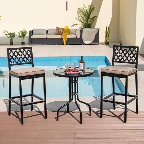 Set of 2 Patio Bar Chairs with Detachable Cushion and Footrest-Argyle Pattern, Black