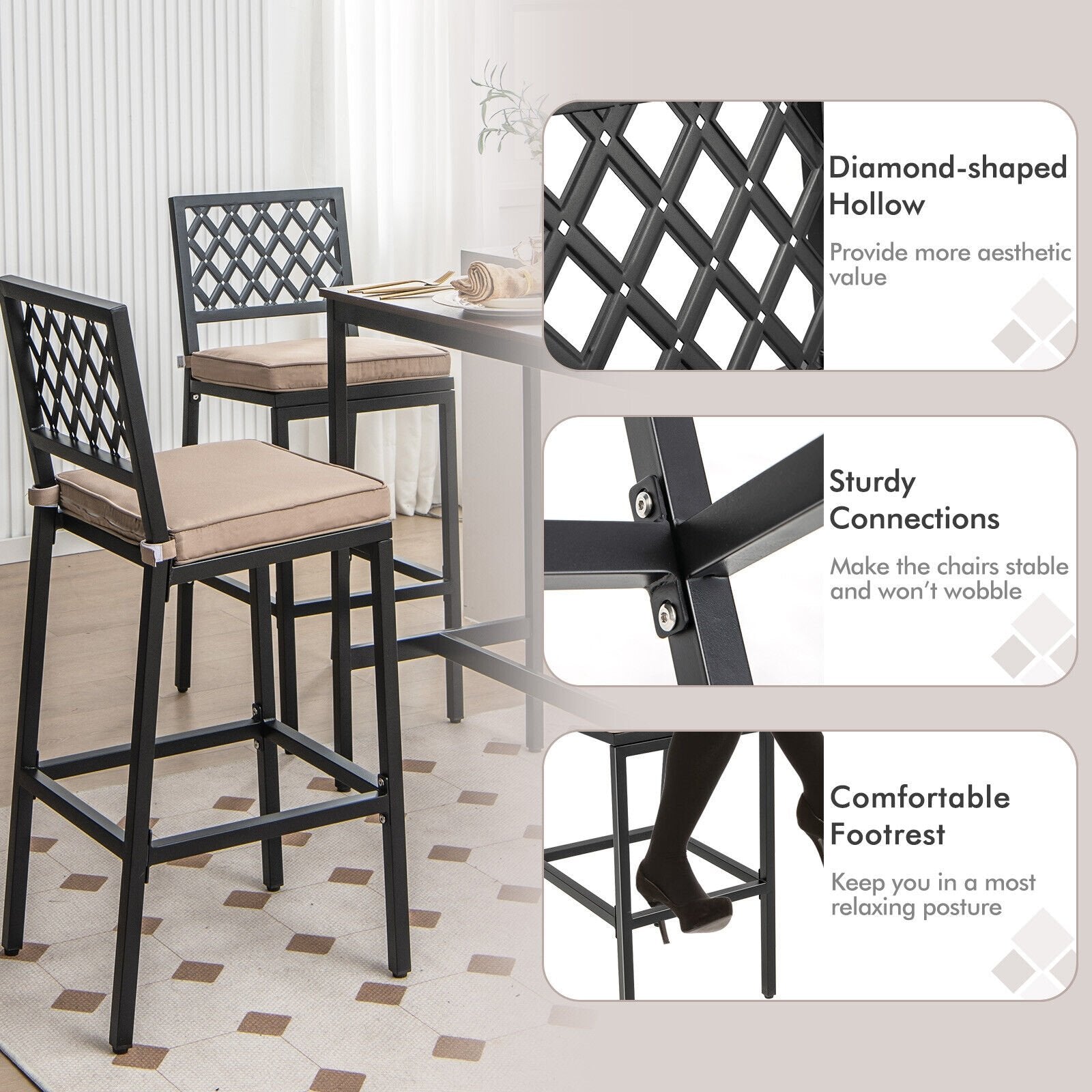 Set of 2 Patio Bar Chairs with Detachable Cushion and Footrest-Argyle Pattern, Black Bar Stools   at Gallery Canada