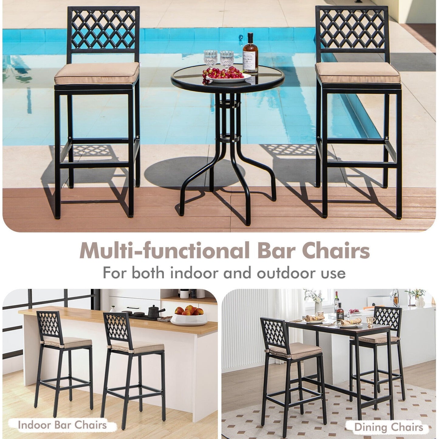 Set of 2 Patio Bar Chairs with Detachable Cushion and Footrest-Argyle Pattern, Black Bar Stools   at Gallery Canada