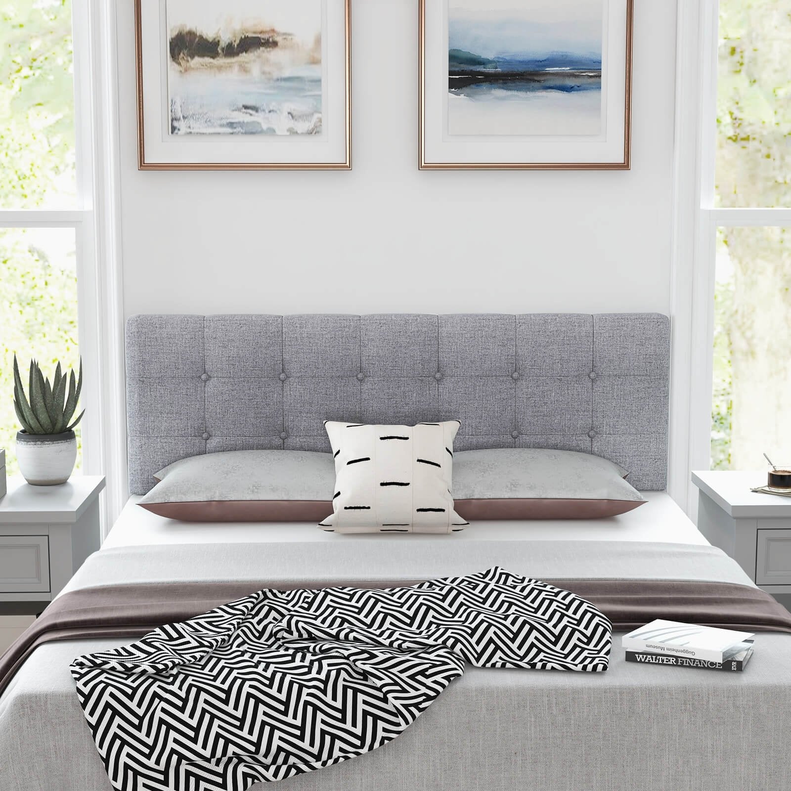 Linen Upholstered Headboard with Solid Rubber Wood Legs, Gray Headboards   at Gallery Canada