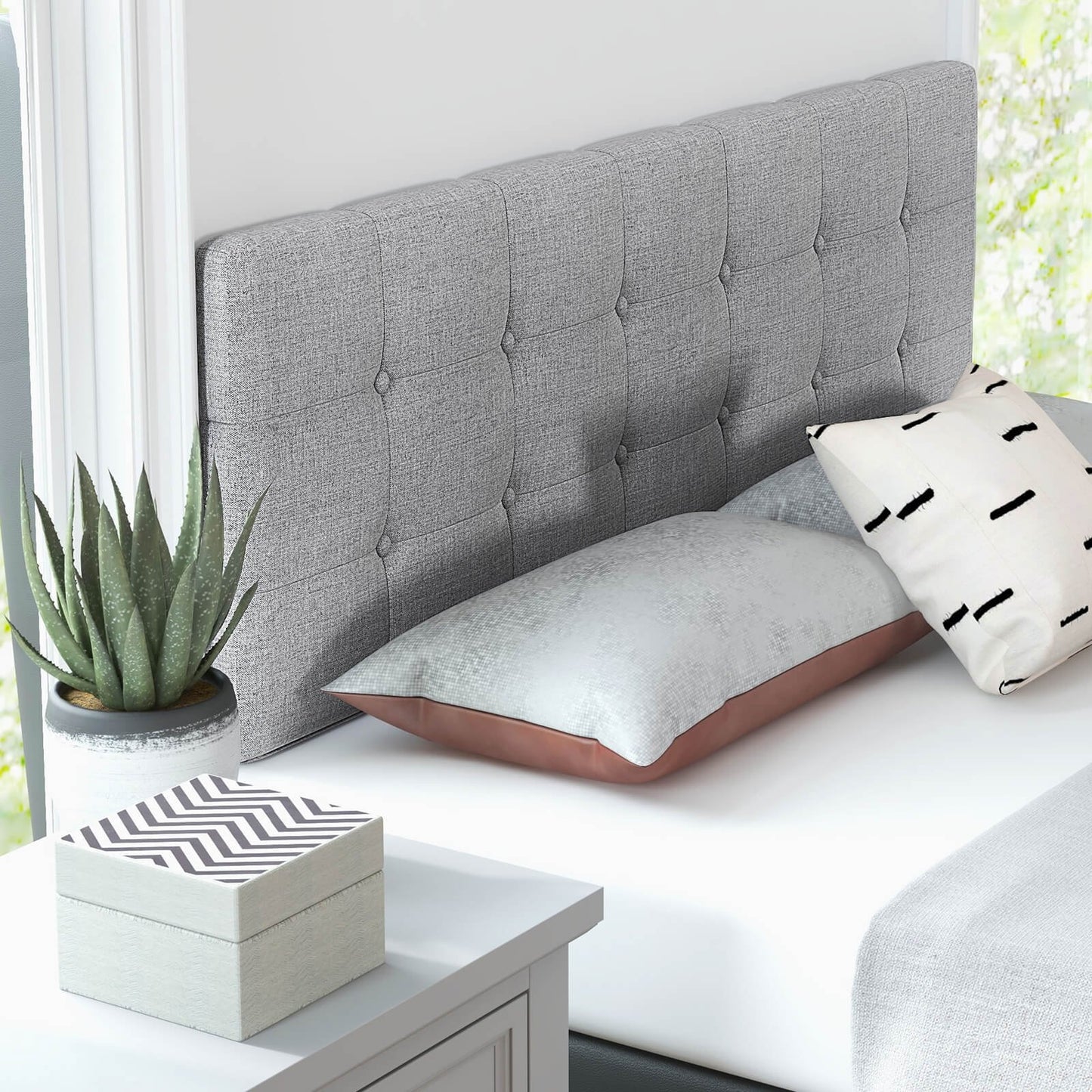 Linen Upholstered Headboard with Solid Rubber Wood Legs, Gray Headboards   at Gallery Canada