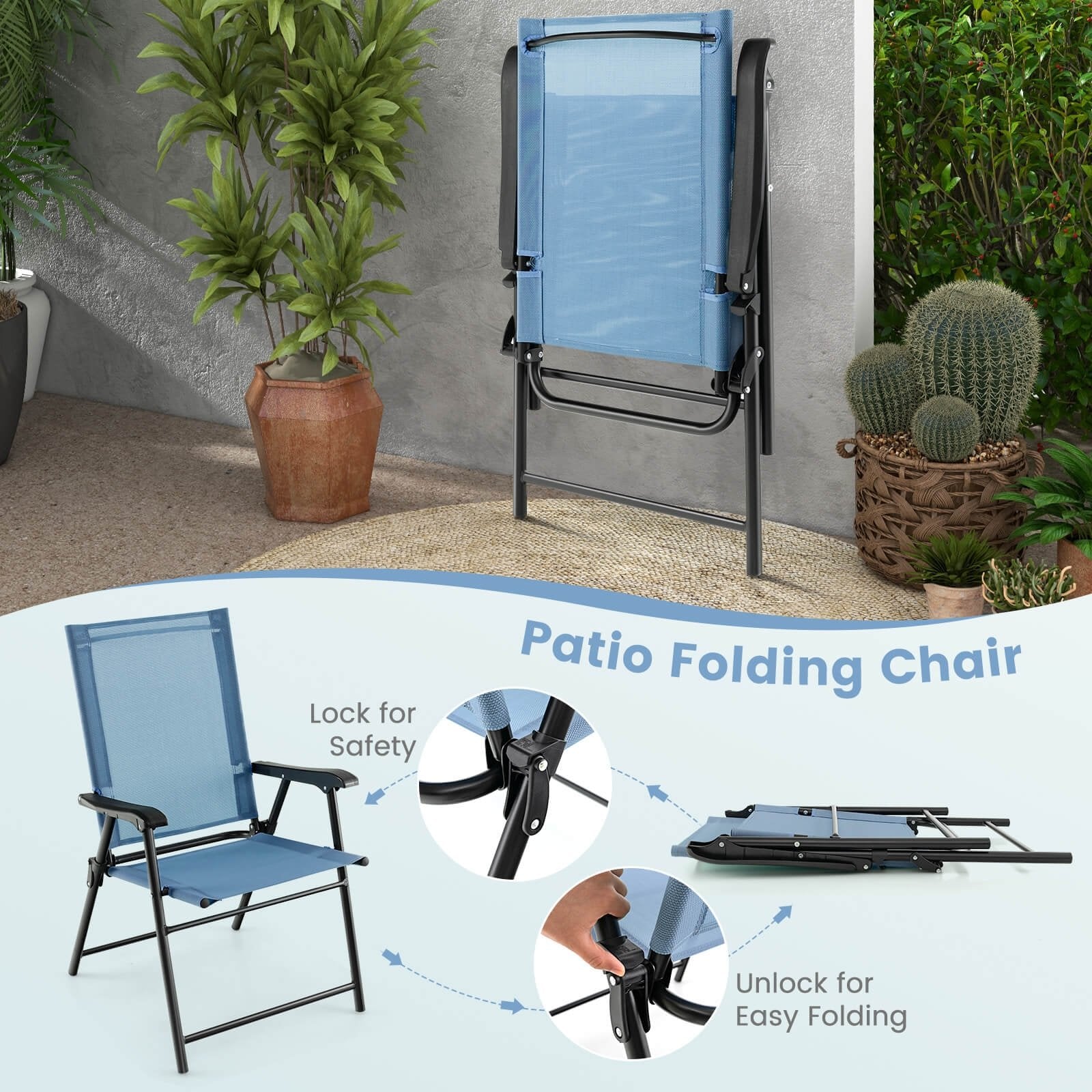 2 Set of Patio Dining Chair with Armrests and Metal Frame, Blue Patio Dining Chairs   at Gallery Canada