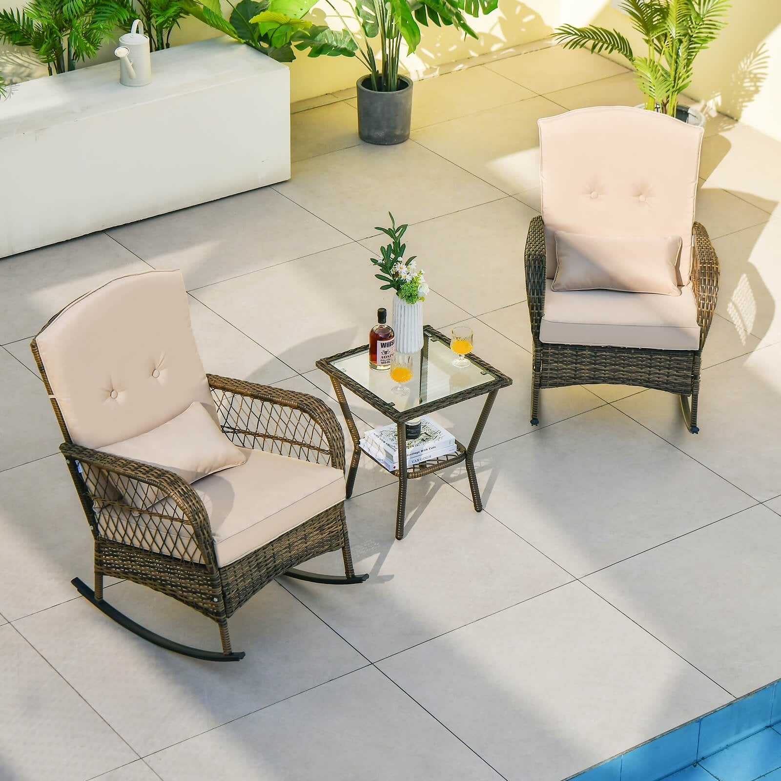 3 Pieces Outdoor Hand-Woven PE Rattan Conversation Set with Tempered Glass Side Table, Beige Patio Conversation Sets   at Gallery Canada