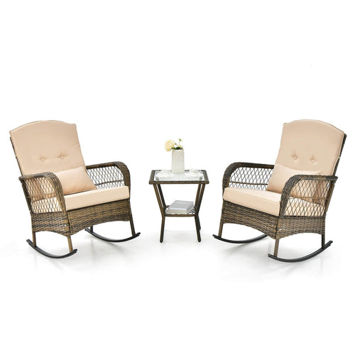 3 Pieces Outdoor Hand-Woven PE Rattan Conversation Set with Tempered Glass Side Table, Beige