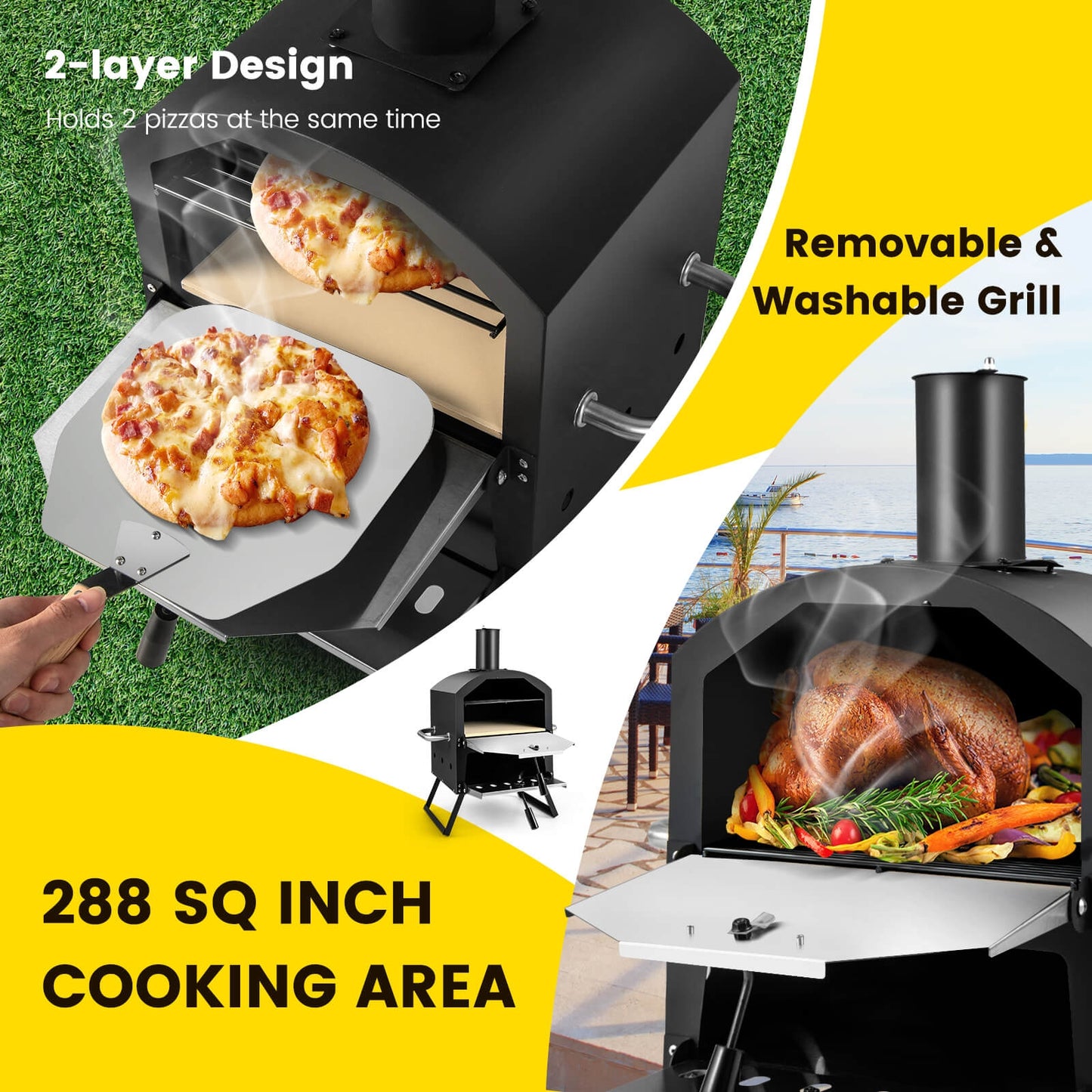 Outdoor Pizza Oven with Anti-scalding Handles and Foldable Legs, Black Outdoor Grills   at Gallery Canada