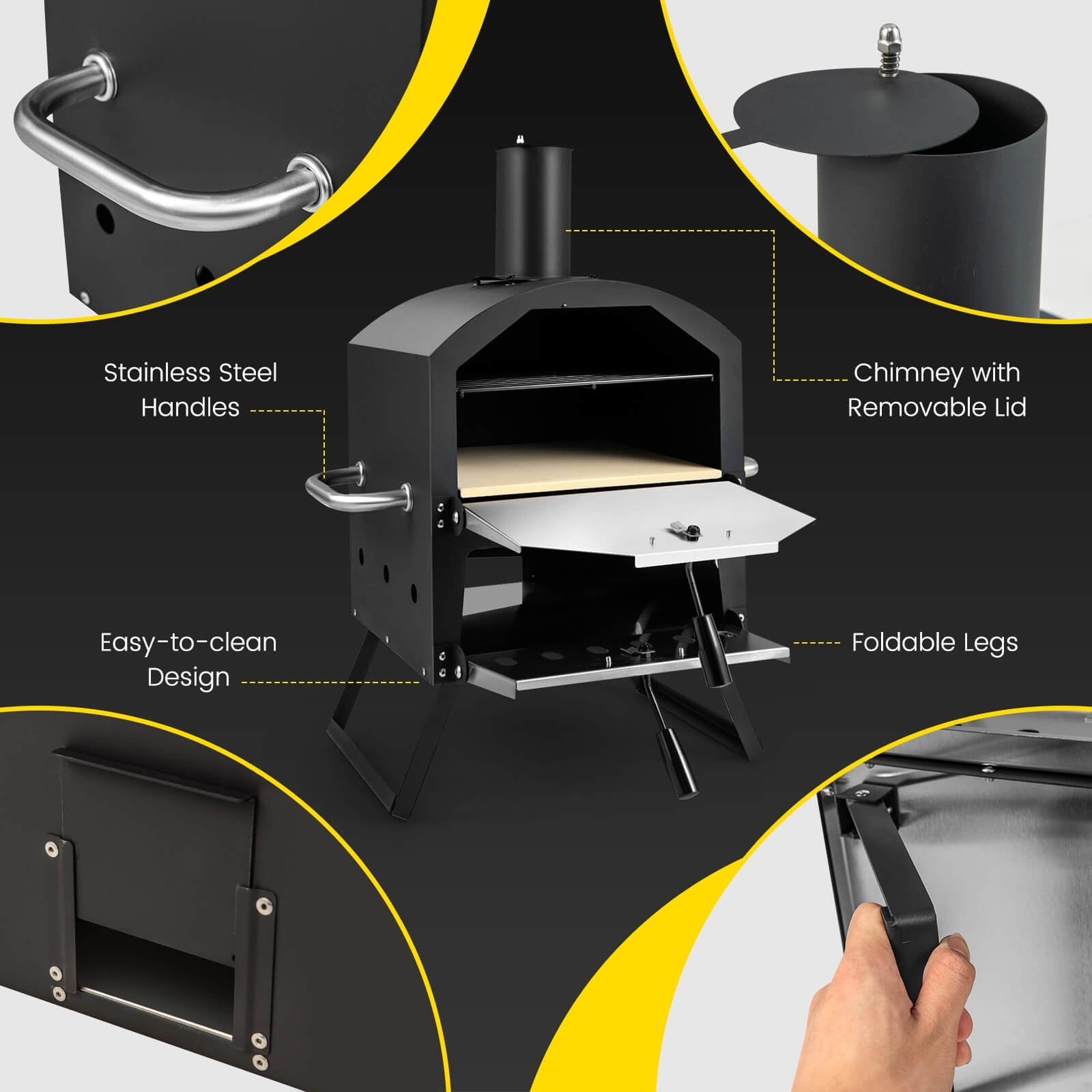 Outdoor Pizza Oven with Anti-scalding Handles and Foldable Legs, Black Outdoor Grills   at Gallery Canada