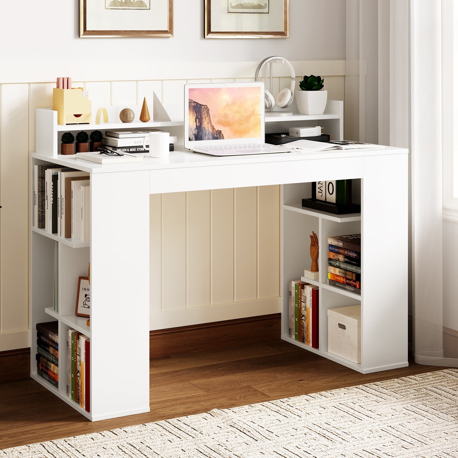 Office Computer Desk with Dual 3 Tier Bookshelf and Monitor Shelf, White Computer Desks   at Gallery Canada