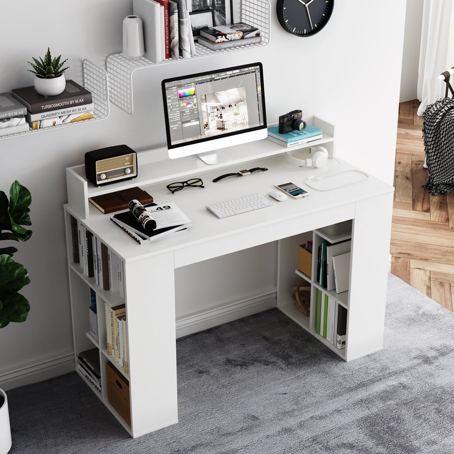 Office Computer Desk with Dual 3 Tier Bookshelf and Monitor Shelf, White Computer Desks   at Gallery Canada