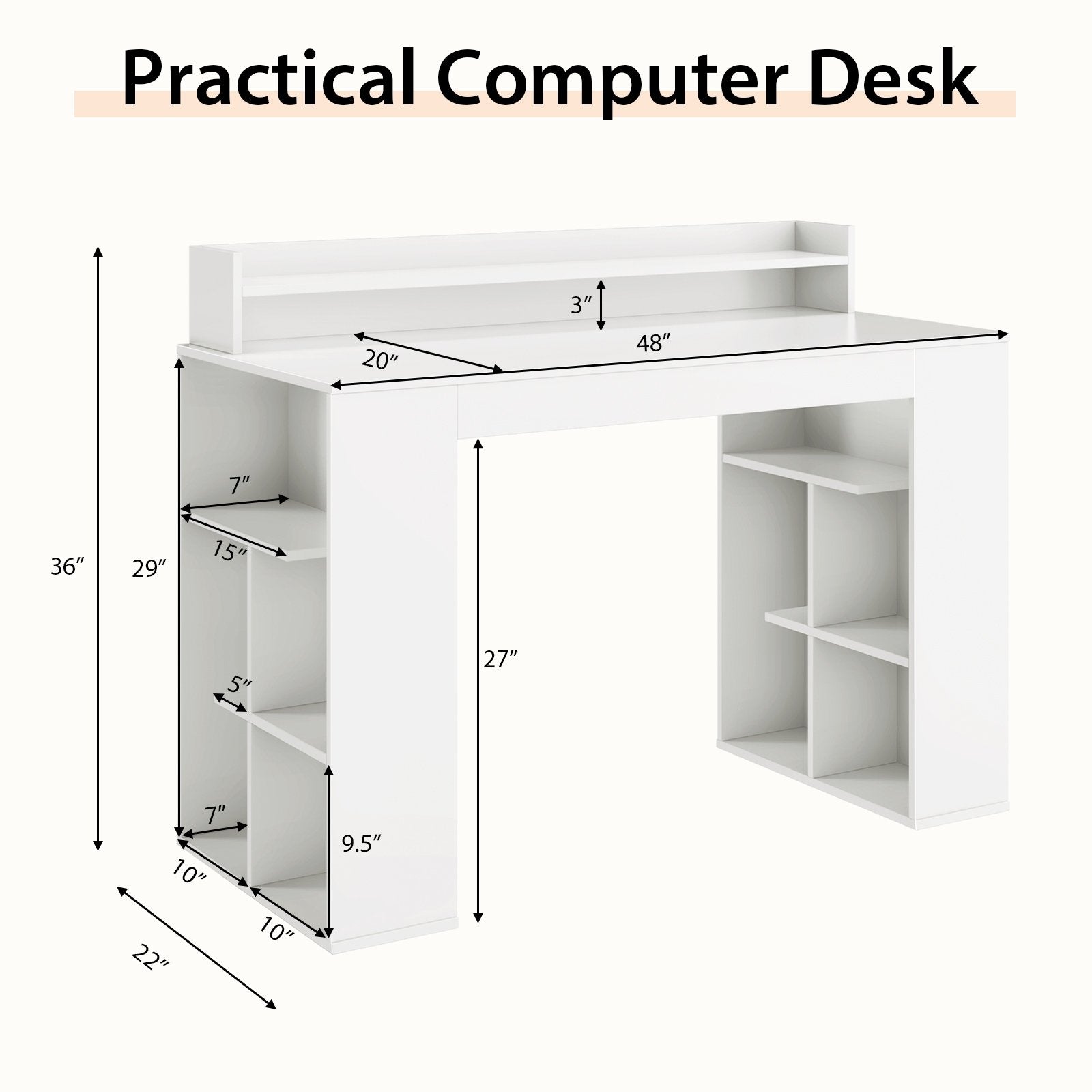 Office Computer Desk with Dual 3 Tier Bookshelf and Monitor Shelf, White Computer Desks   at Gallery Canada