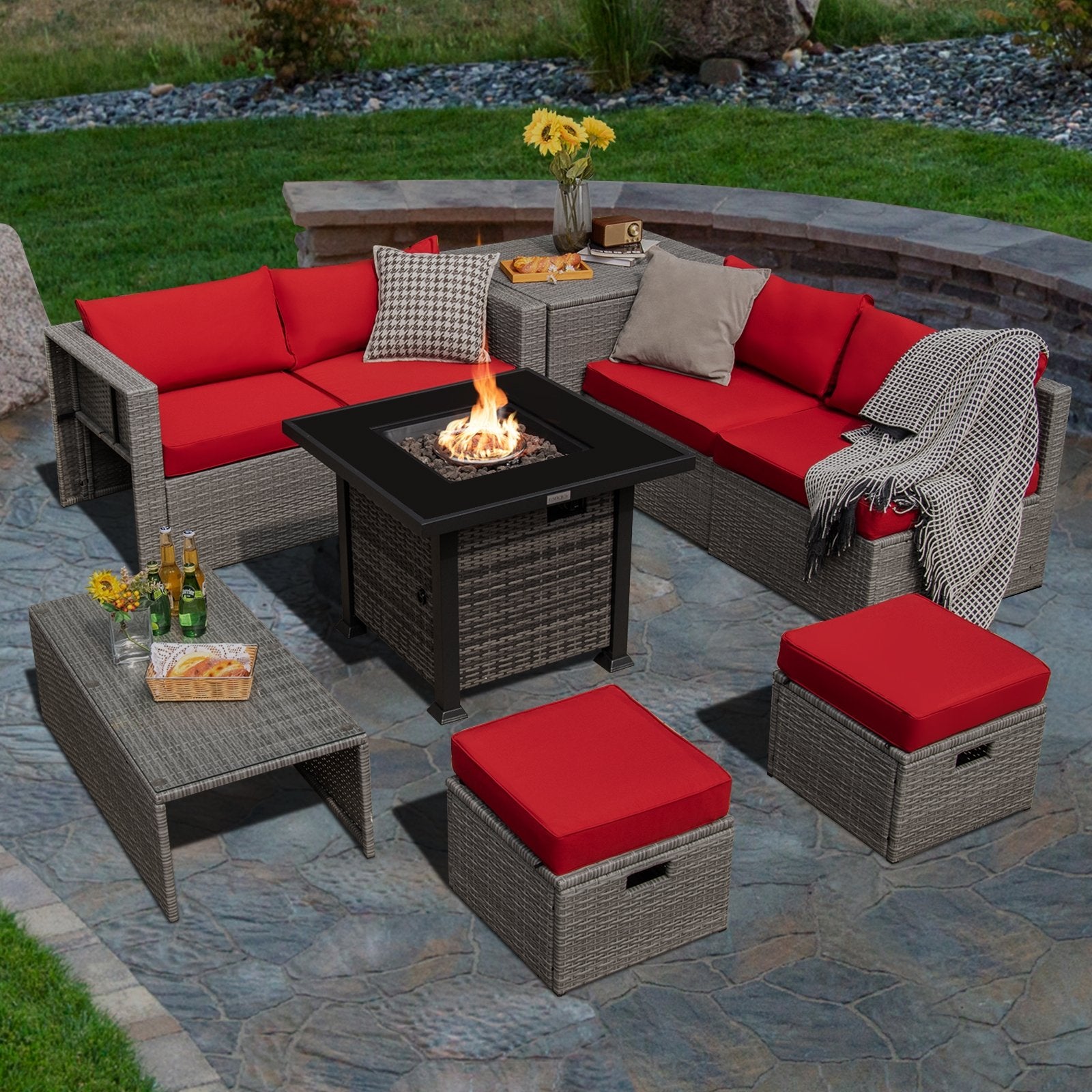 9 Pieces Outdoor Patio Furniture Set with 32-Inch Propane Fire Pit Table, Red Outdoor Sectionals   at Gallery Canada