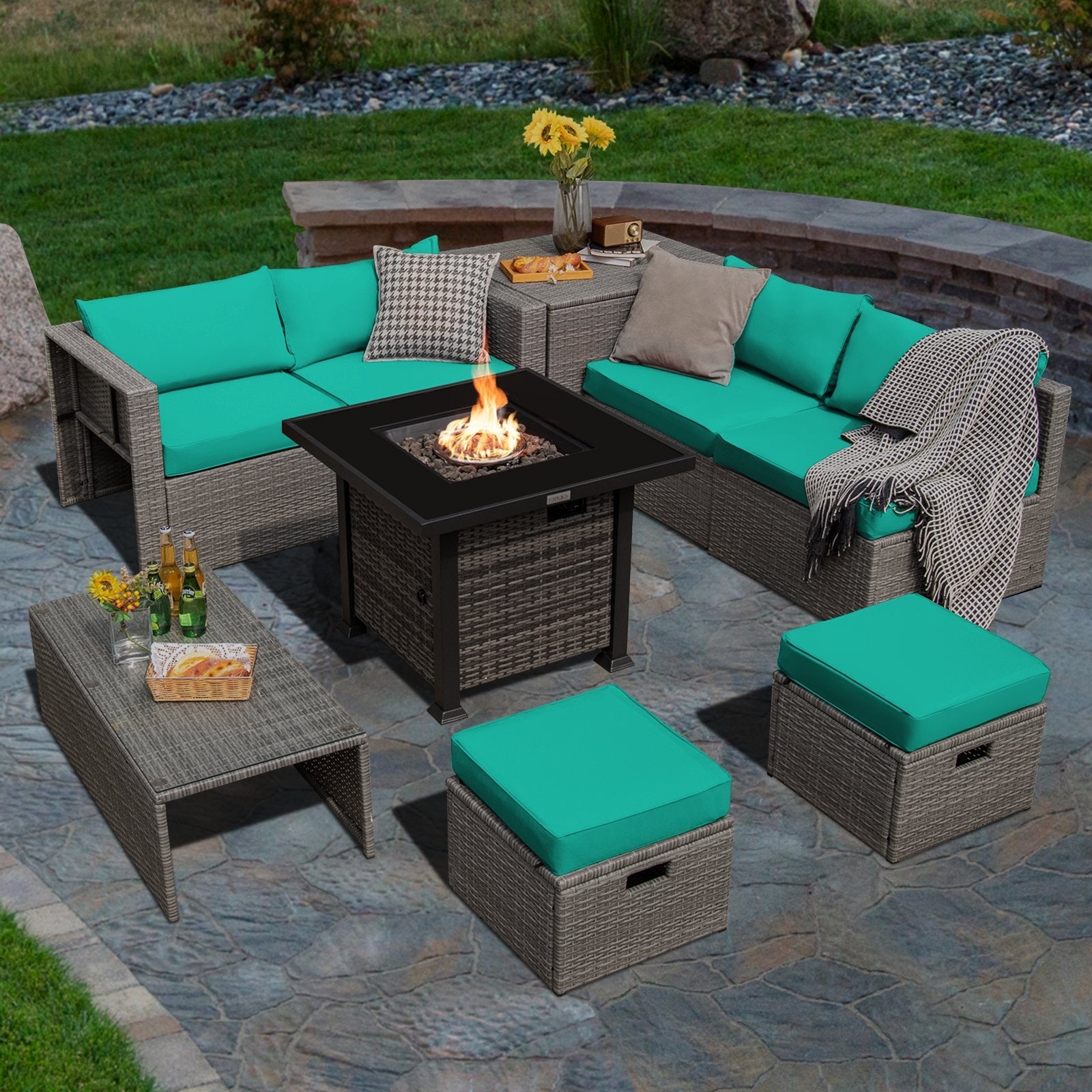 9 Pieces Outdoor Patio Furniture Set with 32-Inch Propane Fire Pit Table, Turquoise Outdoor Sectionals   at Gallery Canada