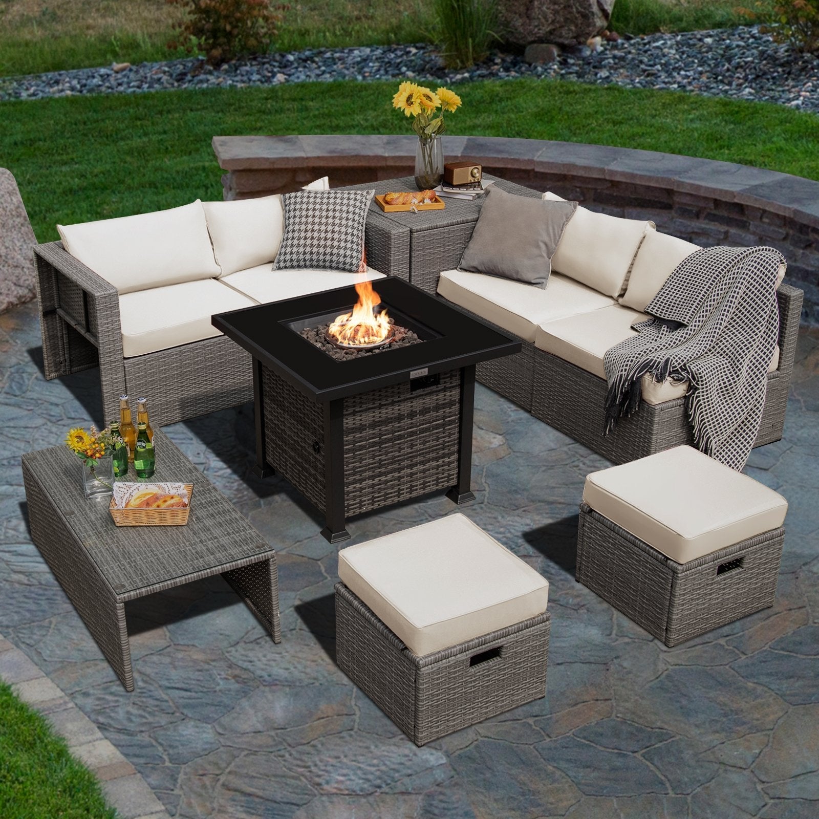 9 Pieces Outdoor Patio Furniture Set with 32-Inch Propane Fire Pit Table, Off White Outdoor Sectionals   at Gallery Canada