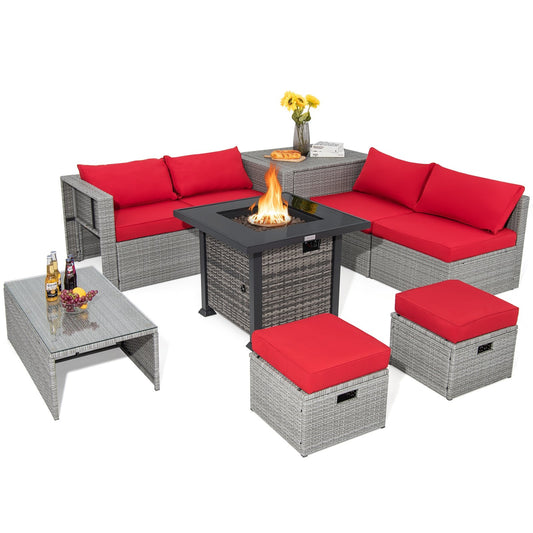 9 Pieces Outdoor Patio Furniture Set with 32-Inch Propane Fire Pit Table, Red - Gallery Canada