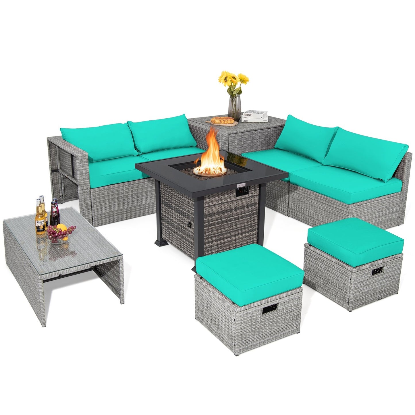 9 Pieces Outdoor Patio Furniture Set with 32-Inch Propane Fire Pit Table, Turquoise Outdoor Sectionals   at Gallery Canada